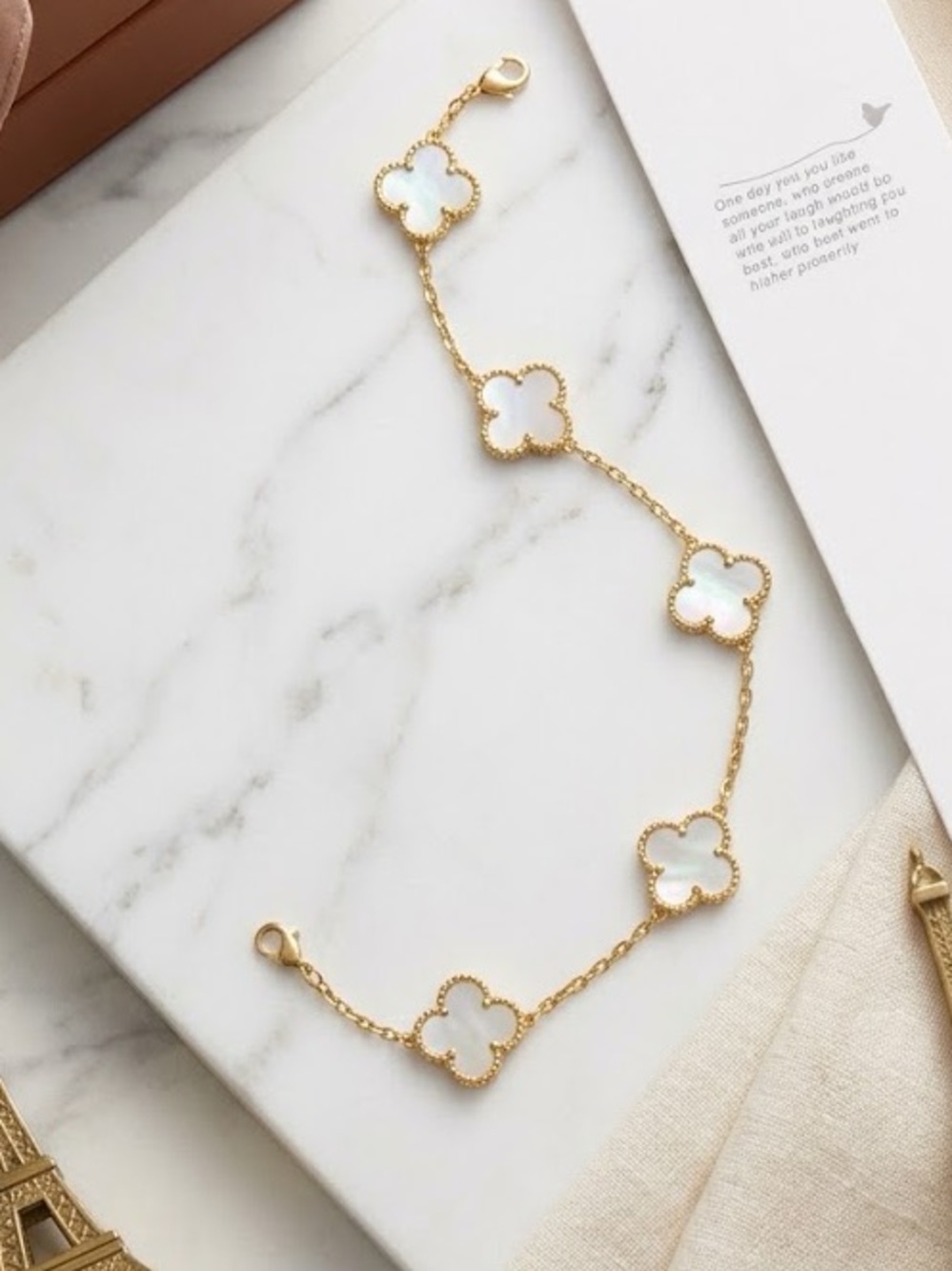 Gold & White 5 Motif Clover Chain Bracelet | Stainless Steel | 7.5" + Extender